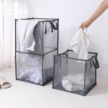 日系雙層臟衣籃網格布透氣臟衣簍衛浴室大容量可折疊提手收納籃筐