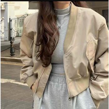 韓國休閑超短款棒球服女春秋設計感高腰百搭寬松墊肩夾克外套上衣