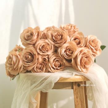 復古卡布奇諾玫瑰奶茶色多頭玫瑰花束道具攝影莫蘭迪淺咖色玫瑰花