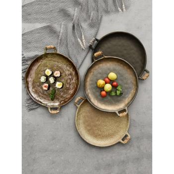 匠人手工粗陶餐盤日式家用雙耳防燙圓盤擺盤創意歐式餐用菜碟魚盤