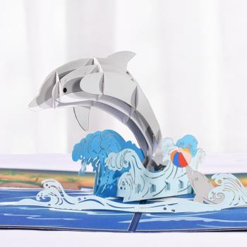 海豚立體賀卡卡通海浪動物3D生日節日商務通用卡片高顏值新年兒童