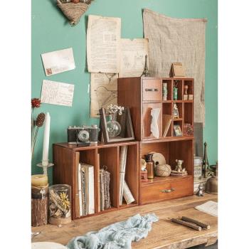 桌面收納盒辦公室書桌抽屜置物架復古木制文具手賬印章柜分隔書架