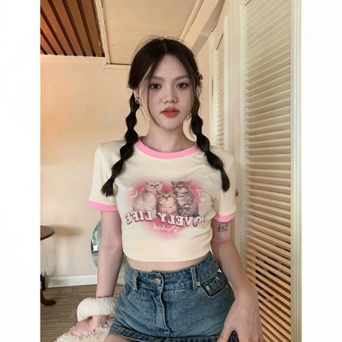 甜辣風愛心貓咪正肩T恤女夏裝新款修身短款卡腰小衫短袖bm上衣潮