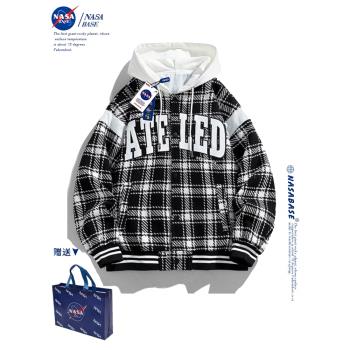 NASA聯名格子外套男春秋季美式潮牌情侶夾克女連帽棒球服痞帥上衣