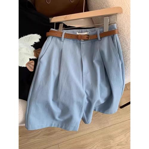 藍色高腰休閑西裝短褲女夏季薄款小個子a字直筒闊腿褲五分中褲子