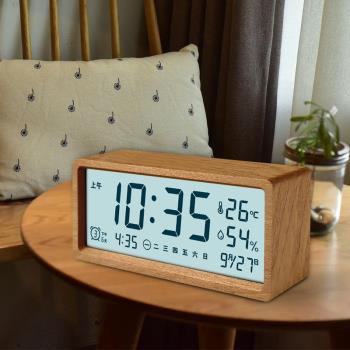 鬧鐘電子時鐘桌面電池款數字顯示溫度濕度木質簡約鐘表擺臺式擺件