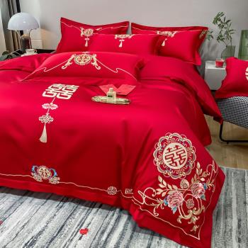 新中式婚慶紅色床品高端大氣刺繡被套親膚棉床單喜被婚房雙人床品