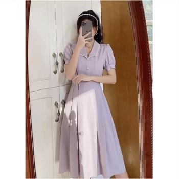 大碼微胖mm桔梗裙子女夏裝2023新款法式復古氣質泡泡袖紫色連衣裙