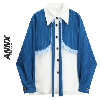 ANNX2022拼接襯衫小眾長袖假兩件
