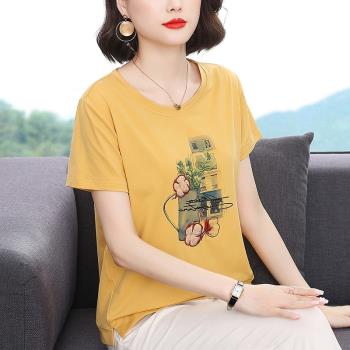 短袖t恤女純棉寬松夏季女裝2024年新款中年媽媽大碼顯瘦黃色上衣