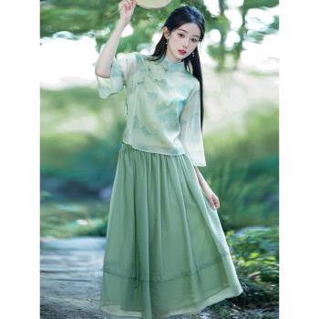 漢服套裝女夏中國風禪意女裝改良旗袍兩件套連衣裙新中式茶藝服裝