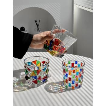 blingbling折射彩虹光中古杯 ins小眾手繪玻璃水杯威士忌杯果汁杯