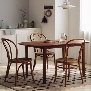 法式中古風小戶型實木橢圓餐桌椅日式簡約飯桌復古胡桃木色書桌子