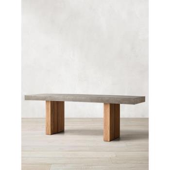 侘寂風餐桌北歐簡約全實木極簡水泥灰復古茶桌長方形辦公桌工作臺