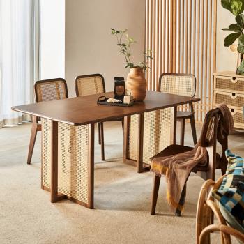 日式餐桌餐椅組合實木藤編飯桌ins民宿餐廳實木方形桌椅簡約現代