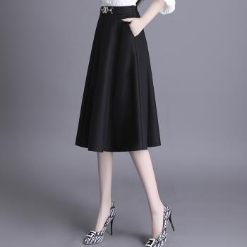 百褶半身裙子女士2023新款夏季黑色顯瘦小個子高腰遮胯a字中長裙