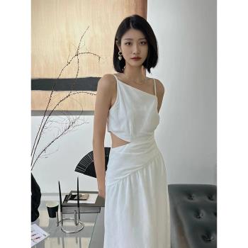 2023夏季新款法式高級感鏤空露腰連衣裙設計感小眾白色露背吊帶裙