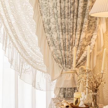 沙塔 法式浪漫田園荷葉花邊蕾絲窗簾臥室裝飾美式復古亞麻棉麻