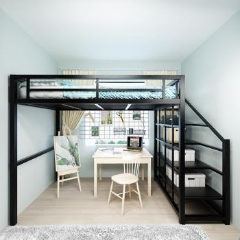 鐵藝高架床上層下空省空間簡約現代小戶型閣樓式上床下桌公寓鐵床
