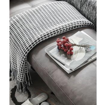 床搭巾北歐現代簡約輕奢美式沙發搭毯藍黑白格幾何樣板房床尾巾