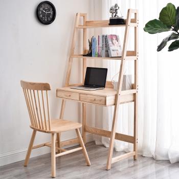 簡約臥室北歐實木電腦桌帶抽屜家用極簡書桌書架一體桌帶椅子80cm