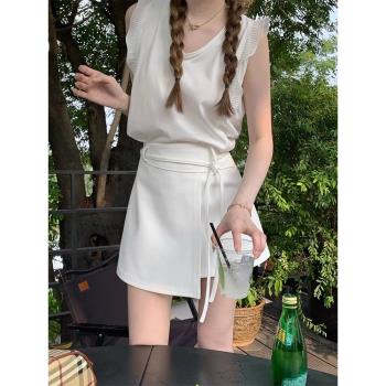 法式小眾設計感白色半身裙女夏季小個子高腰顯瘦a字裙不規則短裙