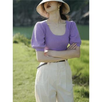 冰絲泡泡袖針織衫紫色t恤女夏季小香風薄款短袖法式別致短款上衣
