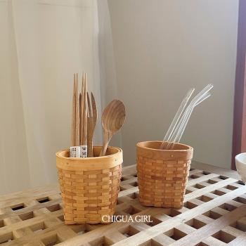 ins風眉筆復古創意筆筒實木桌面勺子餐具木質收納筒擺件編織道具