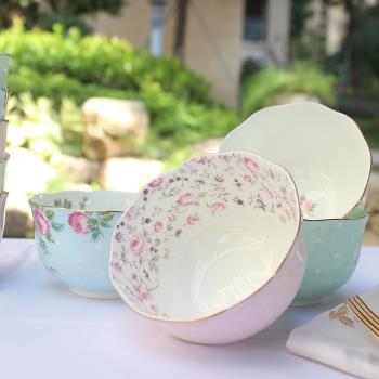英式骨瓷碗田園風餐碗家用4.5英寸創意可愛飯碗描金邊波點小碗