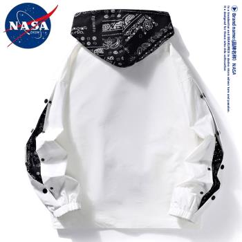 NASA潮牌假兩件外套男春秋款ins潮棒球服腰果花高街美式連帽夾克