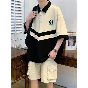 t恤男夏季青少年運動套裝潮牌短袖polo衫初高中學生班服帥氣一套
