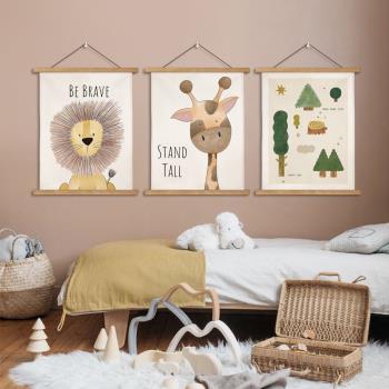 創意兒童房臥室ins小動物掛軸畫簡約卡通房間布藝掛畫墻面裝飾畫