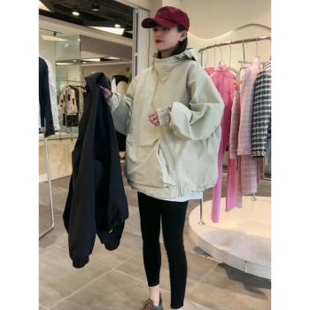 韓版時尚機車風沖鋒衣女2023年春季新款寬松顯瘦斜拉鏈設計感外套