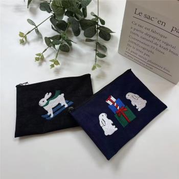 韓國可愛卡通滑雪兔子圣誕禮物兔刺繡化妝包零錢包卡包小號收納袋
