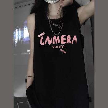 背心外穿女夏黑色中長款無袖坎肩t恤美式辣妹裝設計感ins潮牌上衣