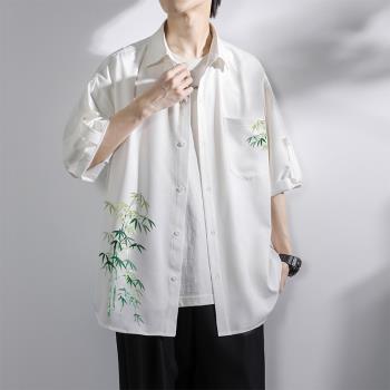 新中式短袖襯衫男夏季冰絲薄款國風竹子潮牌痞帥青少年寬松白襯衣