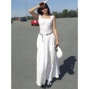 2023夏季新款慵懶度假高腰裙子褶皺純色前開扣設計白色超長連衣裙