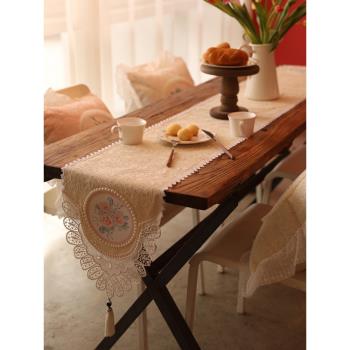 韓式田園流蘇餐桌旗法式復古蕾絲裝飾桌旗立體刺繡桌布斗柜蓋巾