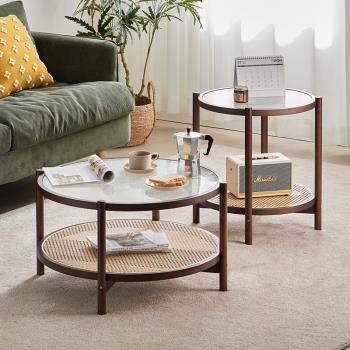 圓形玻璃茶幾組合家用小戶型客廳簡約沙發邊幾藤編網紅創意小圓桌