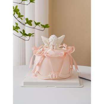 網紅情人節愛神小天使男孩絲帶蝴蝶結蛋糕裝飾愛心壓膜硅膠模具