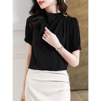 黑色雪紡衫女短袖夏季新款時髦上衣洋氣襯衫休閑高級時尚氣質小衫