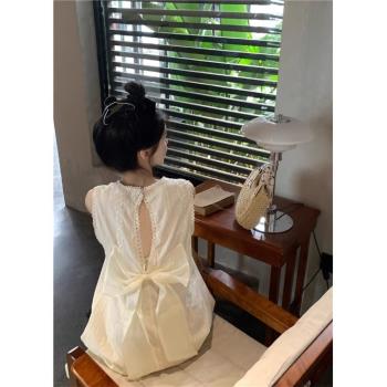 蝴蝶結蕾絲杏色氣質連衣裙女夏季2023新款寬松背心鏤空設計感短裙