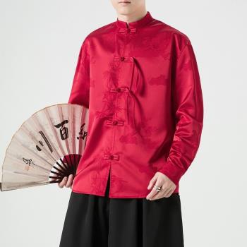 紅色新中式男裝中國風盤扣長袖襯衫高級感襯衣改良漢服外套唐裝男