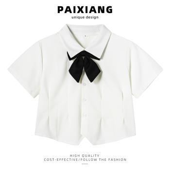 PAIXIANG/白色日系學院風短袖襯衫女夏季新款jk制服修身短款襯衣