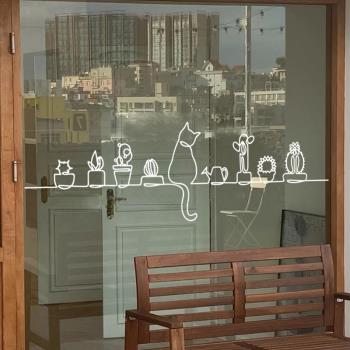 創意風景貓咪簡約腰線貼紙櫥窗玻璃門防撞貼服裝店花店裝飾墻貼畫