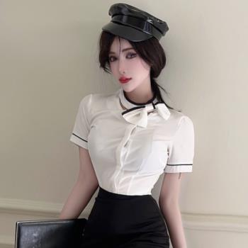 夏季主播空姐制服法式蝴蝶結白色襯衫女短袖職業裝工作服修身上衣