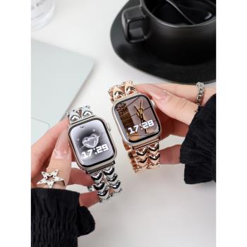 樂雨適用於蘋果手錶s10表帶iwatch8/7/6/9代apple watch金屬10腕帶Ultra2愛心雙排不銹鋼女款ins風s9高階感s8