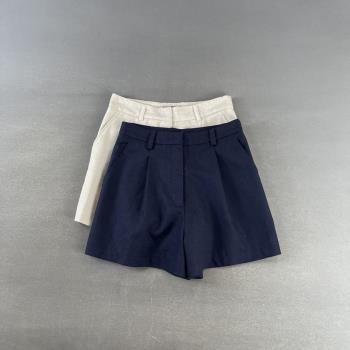 外貿女裝夏季薄款透氣仿亞麻通勤純色高腰寬松顯瘦休閑短褲闊腿褲