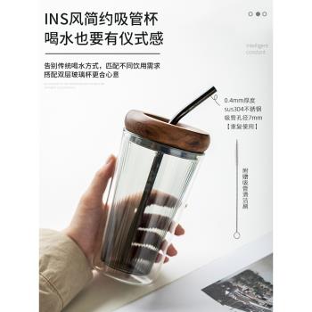 吸管杯高顏值ins風冷飲可樂杯雙層隔熱玻璃水杯辦公室車載咖啡杯