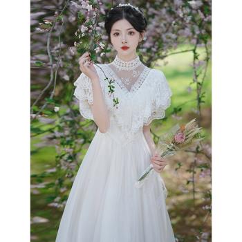 復古溫柔仙女裙子氣質超仙法式在逃公主白色連衣裙夏蕾絲網紗長裙